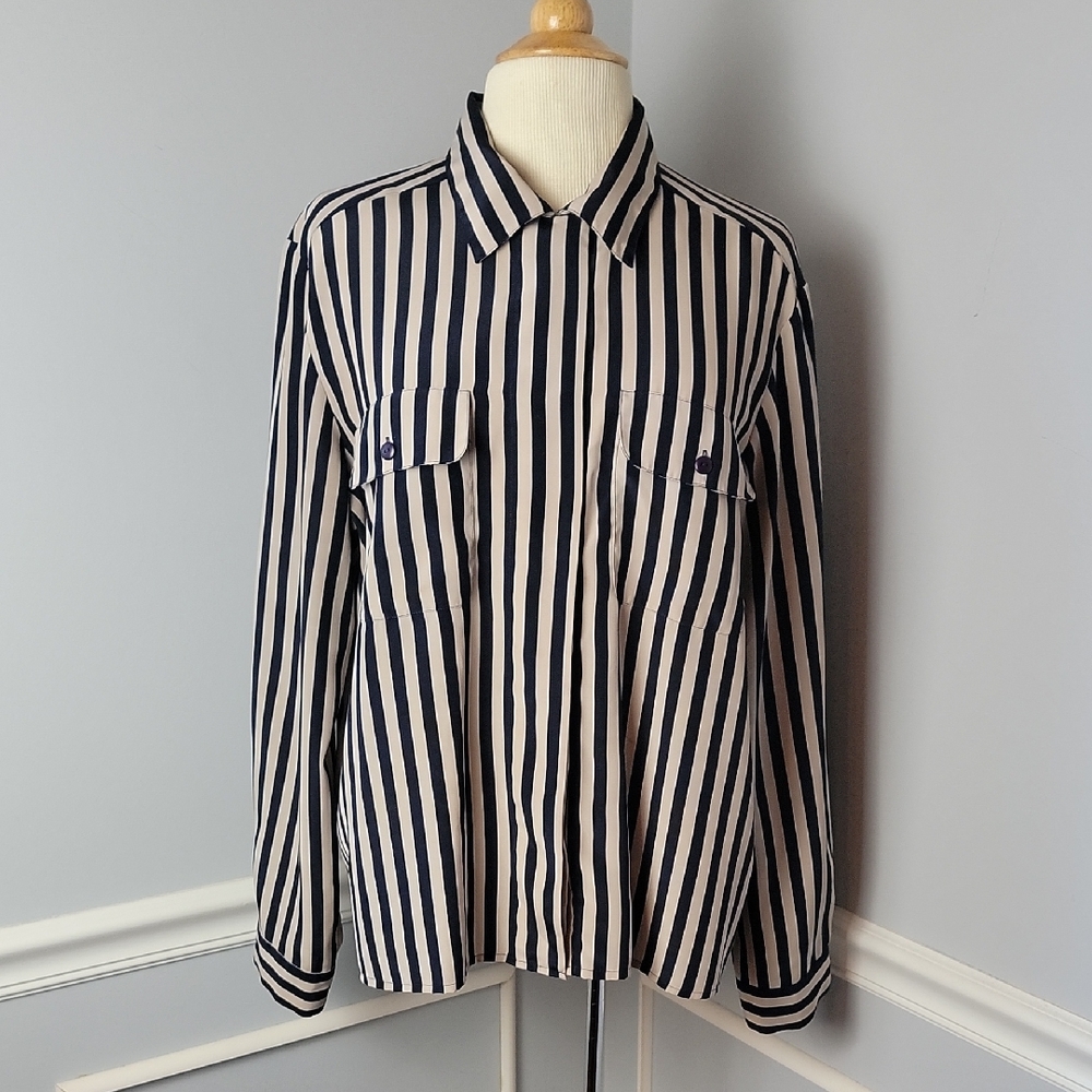 NOTATIONS Office Professional VTG Navy Blue Bold Striped Button Up 80s Blouse 16